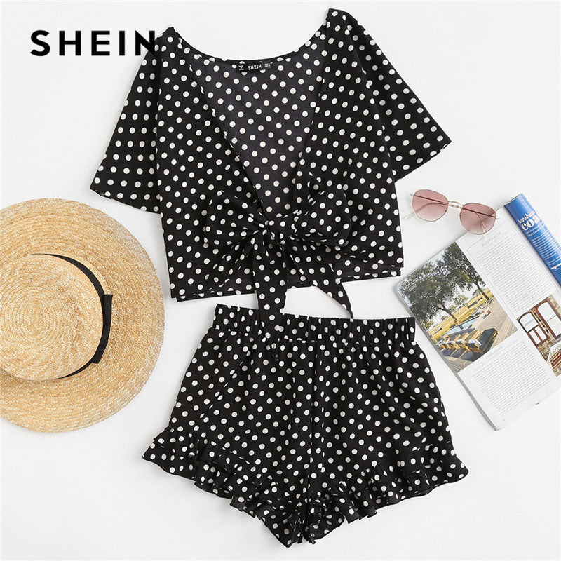 SHEIN Polka Dot Knot Front Top And Ruffle Hem Shorts